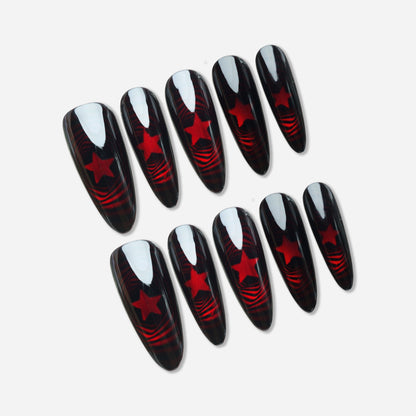 Neural Red press-on nail set by Donailsart – futuristic black glass nails with glowing crimson neural signal patterns and data stream designs