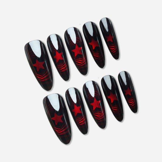 Neural Red press-on nail set by Donailsart – futuristic black glass nails with glowing crimson neural signal patterns and data stream designs