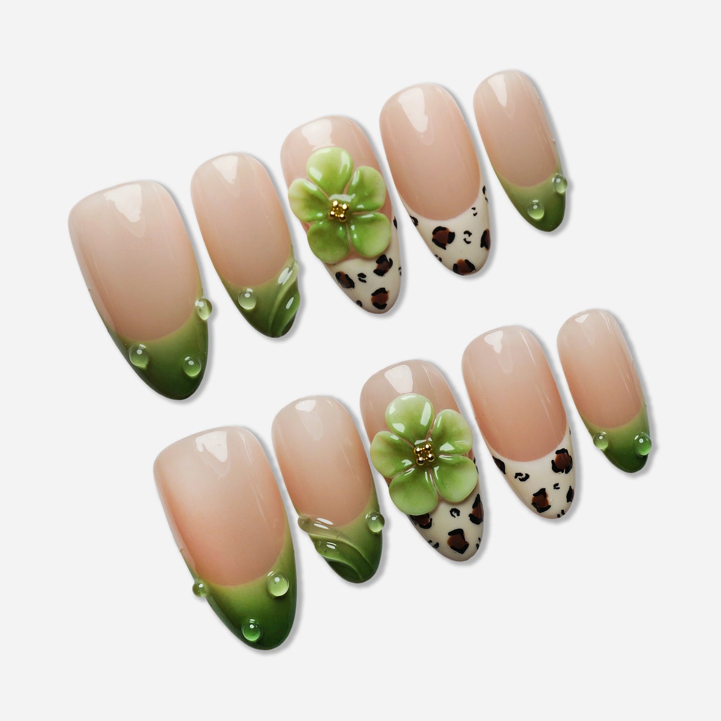 B7 | Palm Kiss press-on nail set by Donailsart – clean nude base nails with fresh green tips, delicate floral accents, and soft dewy details