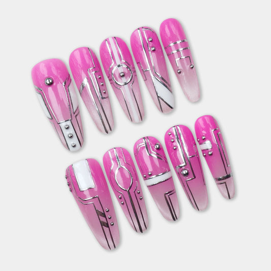 Press-on nails with hot pink and chrome base featuring geometric lines, metallic studs, and tech-inspired patterns by Donailsart
