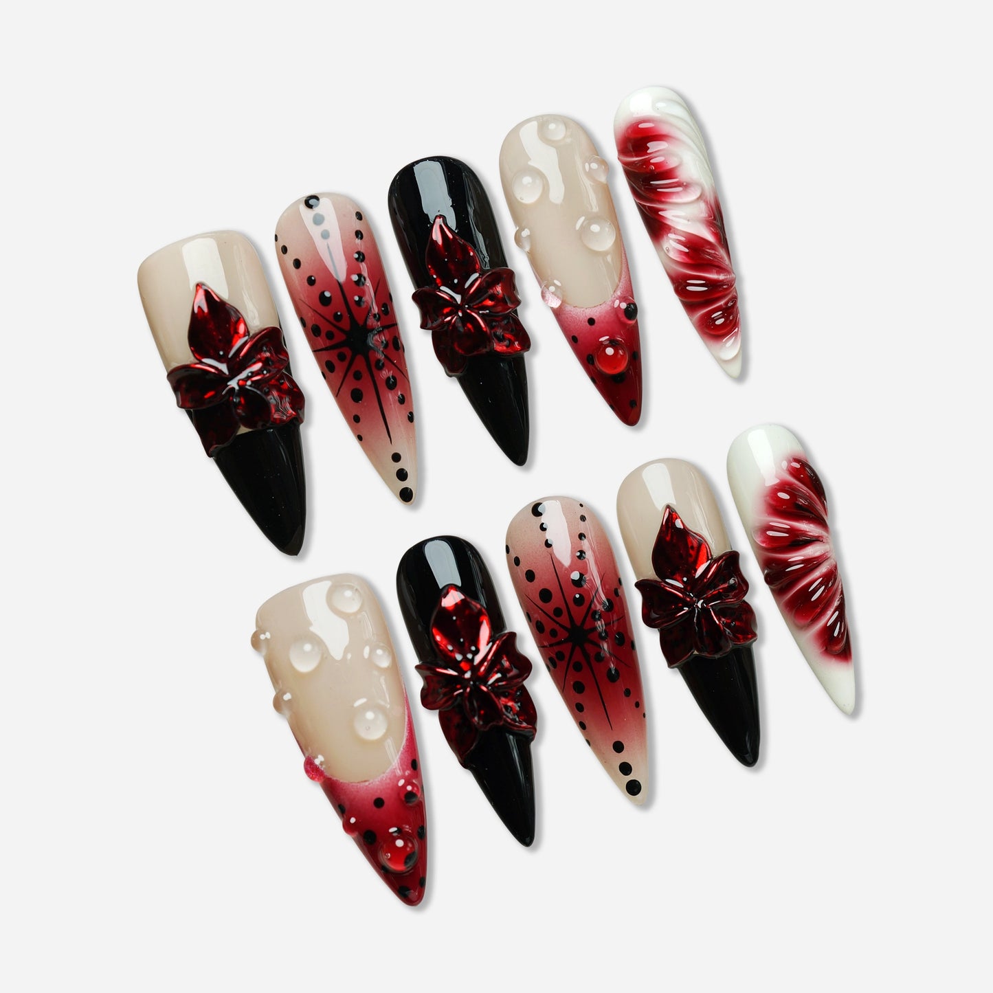 Rouge Relic press-on nail set by Donailsart – nude and deep rouge jelly nails with glossy black contrast, sculpted floral accents, and clear gel droplets