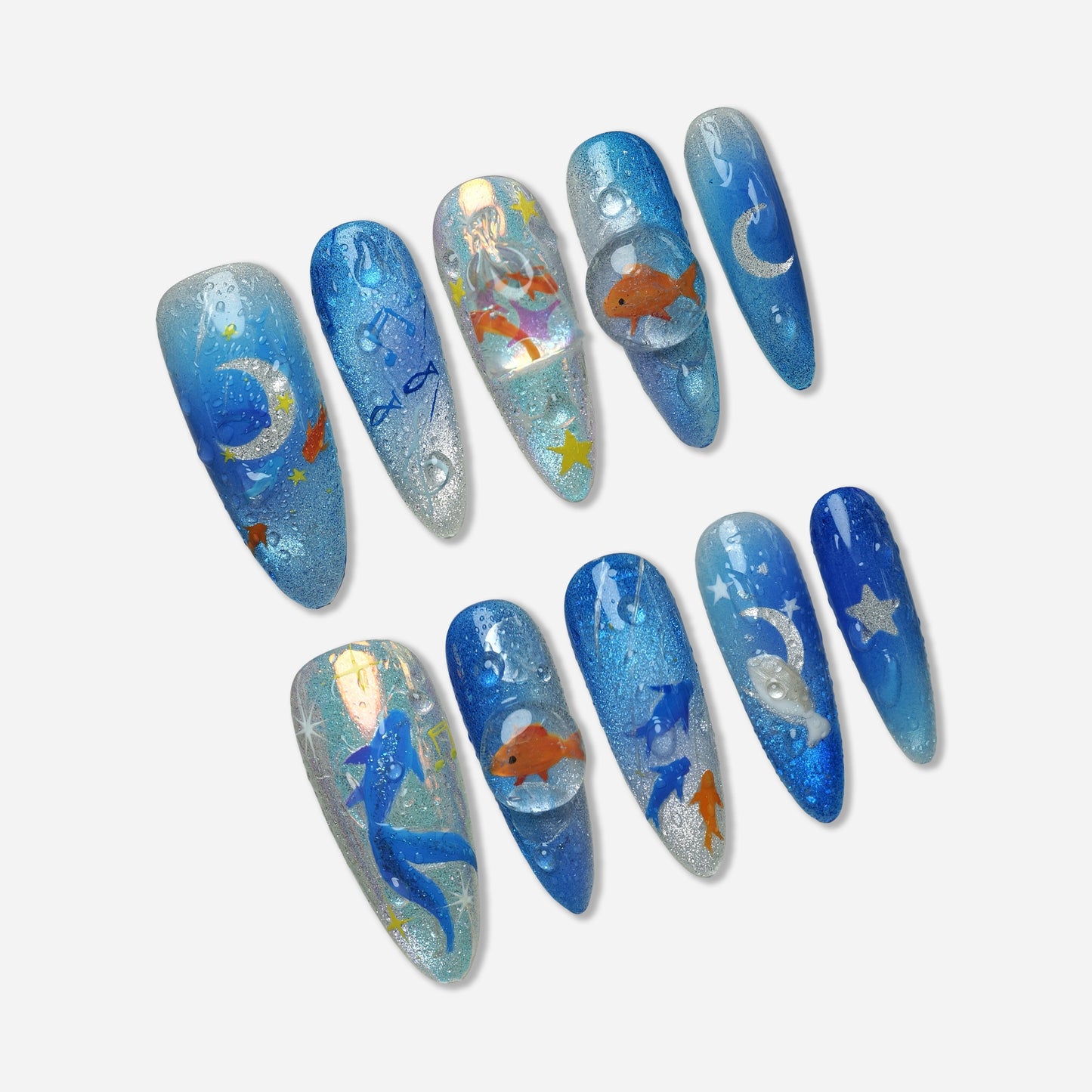 Starlit Aquarium press-on nail set by Donailsart – dreamy midnight blue nails with 3D goldfish, silver moon accents, holographic shimmer, and bubble effects