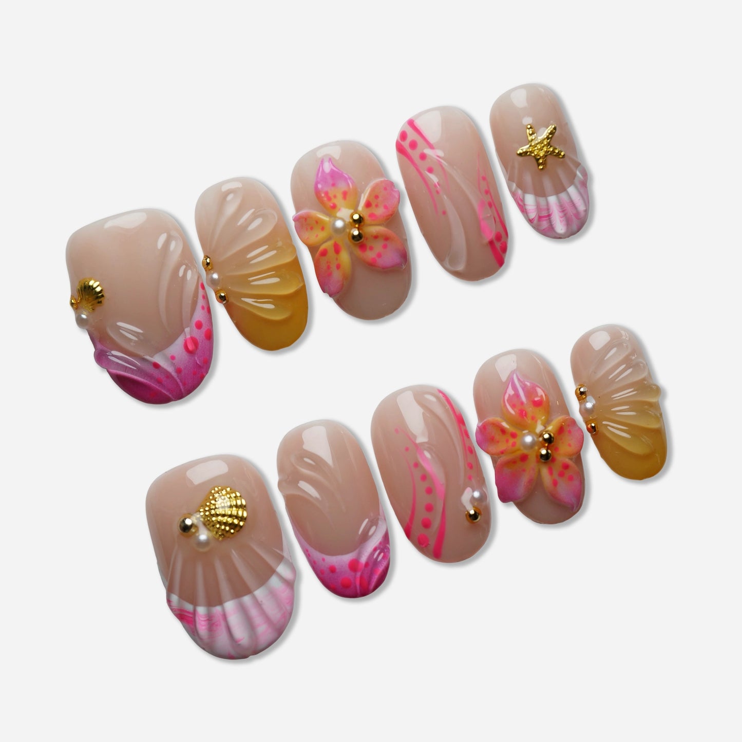A29 | Sunburst Petals press-on nail set by Donailsart – hot pink and sunlit orange nails with sculpted blooming petals, shell textures, and gold accents on a soft nude base