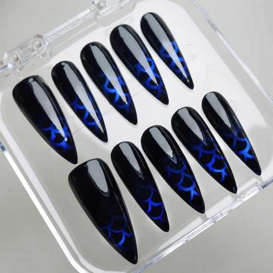Siren Scale press-on nails on display showing the full dark mermaid scale nail art collection – Donailsart