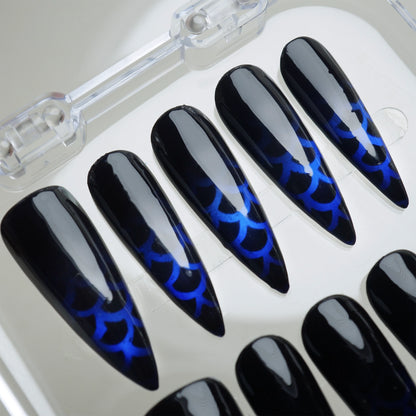 Siren Scale press-on nail set product view with hypnotic dark mermaid scale and cobalt blue shimmer nail art by Donailsart