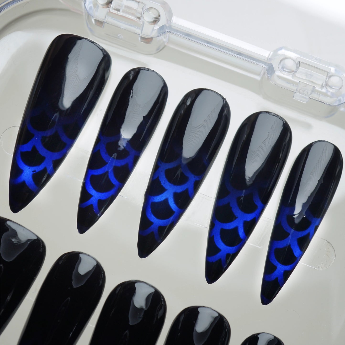 Siren Scale close-up detail showing cobalt blue shimmering scale effect beneath a deep black glossy finish – Donailsart