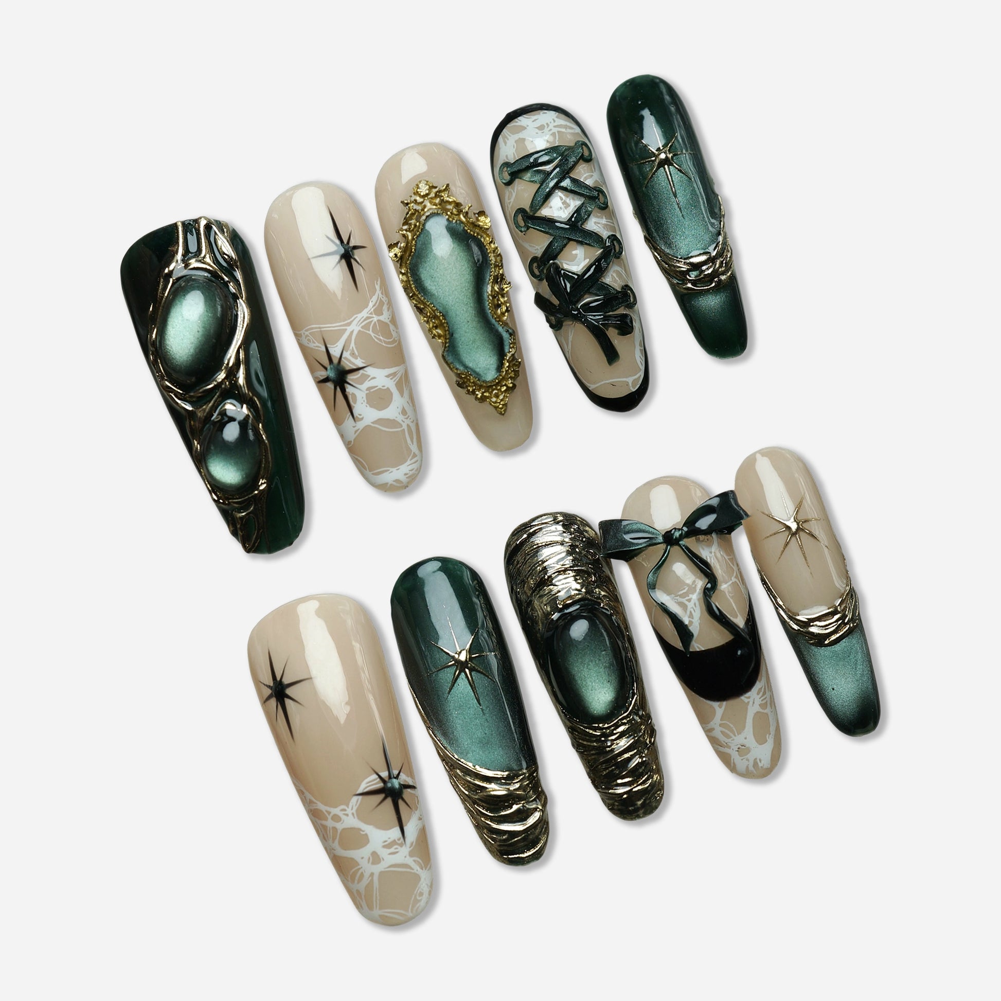 Velour Noire press-on nail set by Donailsart – deep emerald cat-eye shimmer nails with sculptural gold accents, lace-inspired details, and soft nude tones