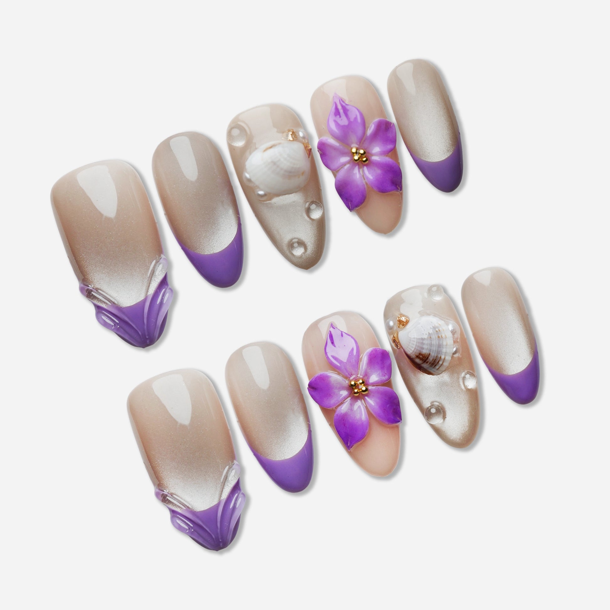 A28 | Violet Shore press-on nail set by Donailsart – pearl and lilac gradient nails with shimmer base, violet tips, sculpted petals, and shell accents