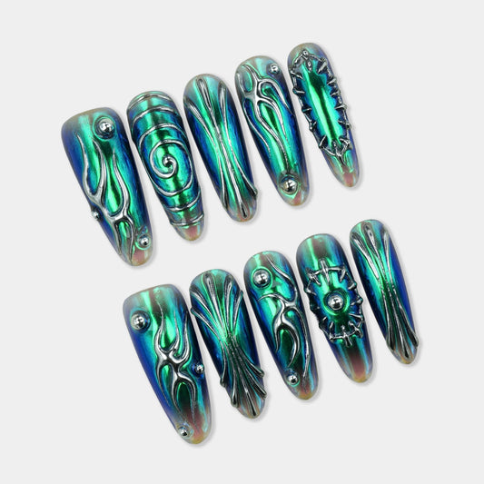 Multicolored nail art designs on a white background
