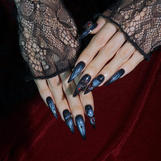 Dark Romance gothic press-on nails, smoky blue-grey stiletto with 3D black roses and red gems, full set
