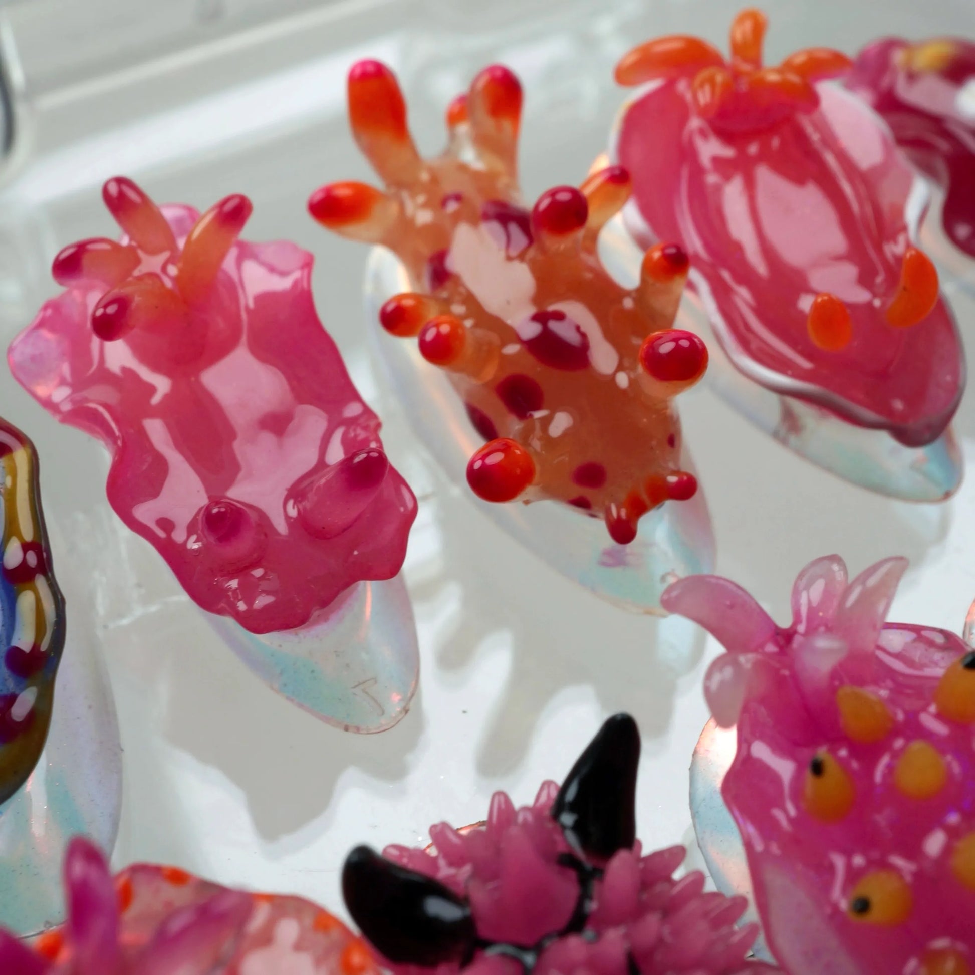 A set of press-on nails designed to resemble colorful nudibranchs (sea slugs), displayed in a clear case. Each nail features a unique sea slug-inspired design with vibrant hues of pink, blue, orange, and purple, and detailed textures imitating the creatures' shapes and appendages