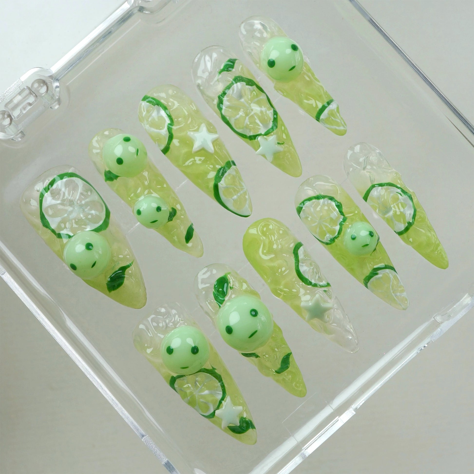Donailsart smiski nails that glow in the dark, featuring citrus accents and translucent lime jelly effects